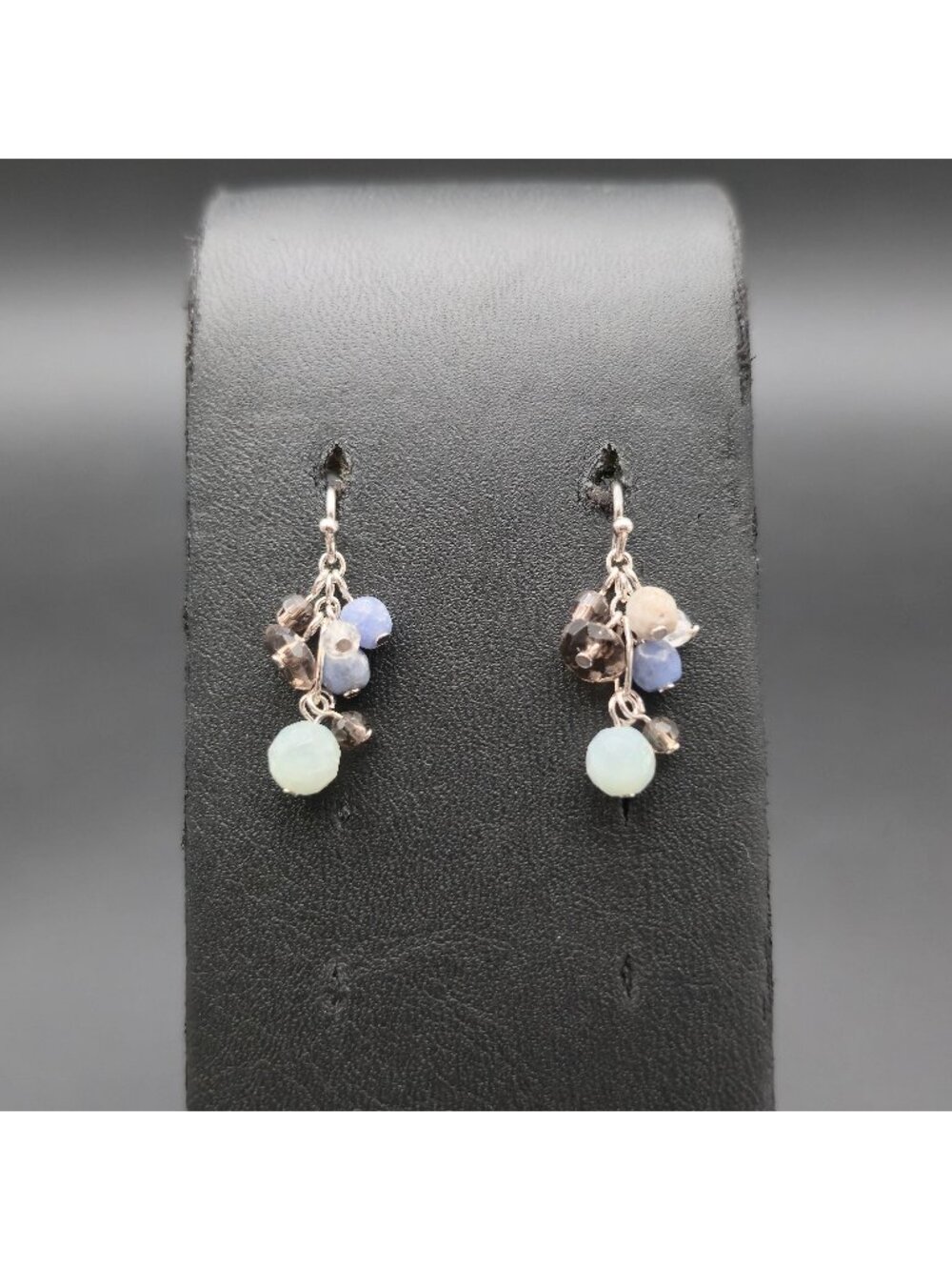 Sterling Silver Multi Gemstone Cluster Dangle Earrings Chalcedony Quartz A8727